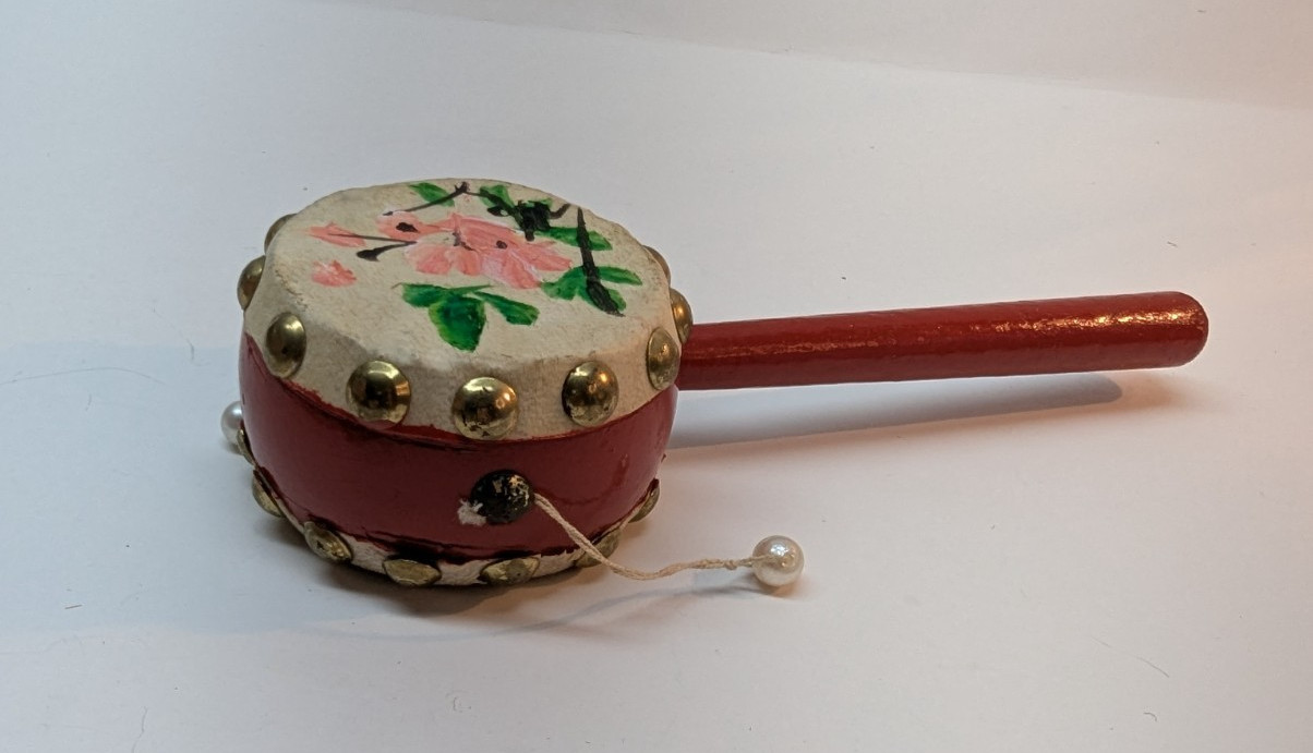 Vintage 80's Den-Den Daiko Japanese Spin Drum Toy Karate Kid Hand Instrument