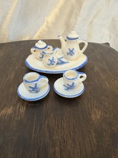 Doll House Miniature Porcelain Tea Set Blue/White Windmill Pattern Design 10 pcs
