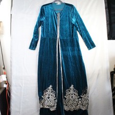 Halloween Costumes Teal Velvet Maxi Dress XL Silver Embroidered Medieval Coplay