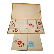 Vintage Irish Cabin Linen Napkin and Trolley Set Hand Embroidered Boxed 6 Pieces