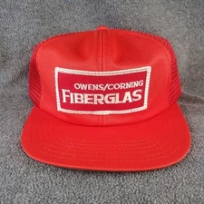 Vintage Owens Corning Fiberglas Red Trucker Hat Mesh Snapback Made USA 