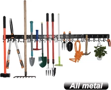 Metal Garden Tool Organizer, 68" Adjustable Wall Storage with 4 Hooks