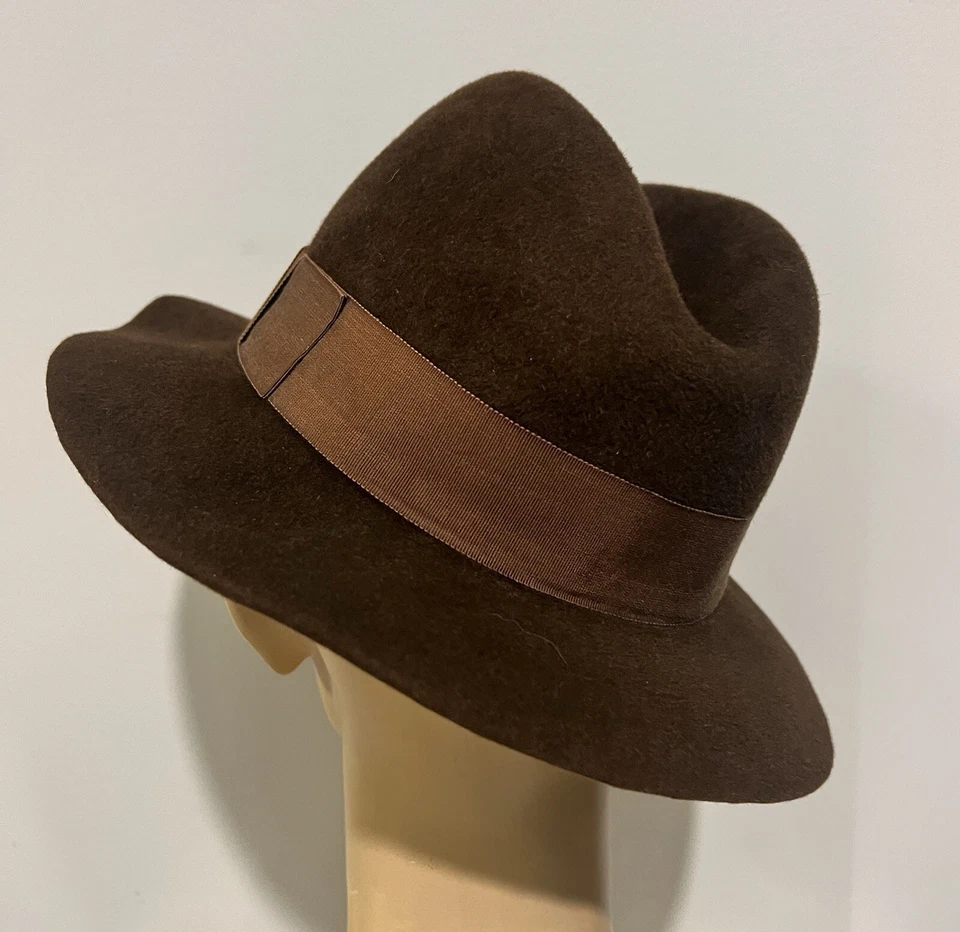 YSL Vintage Años 70 Delicioso Chocolate Marrón Terciopelo Piel Fieltro Fedora Talla S 55cm Foto 3 de 4