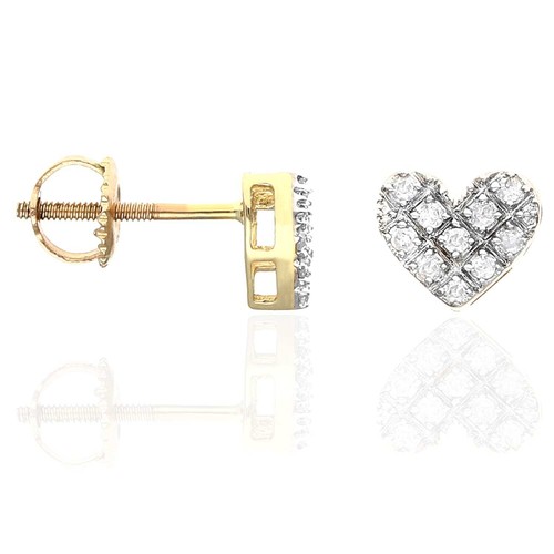 10K Yellow Gold 0.15Ct Real Diamond Pave Heart Stud Earrings - Picture 4 of 6