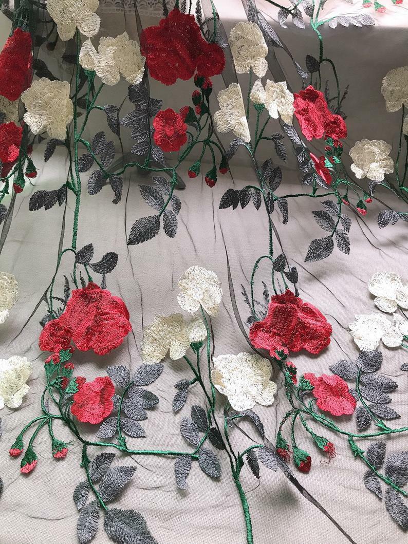 1yard Lace Fabric Red Rose Floral Embroidery Tulle Fabric for