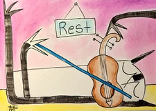 Cat Painting Watercolor Original Abstract Music Folk Art Samantha McLean (5 x 7)