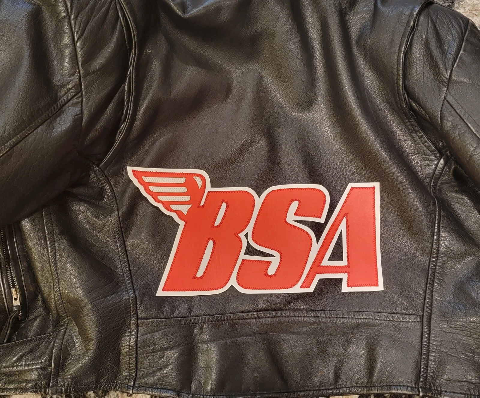 BSA Motorcycles 13 inch red and white back patch. Sew on type. NICE NEW