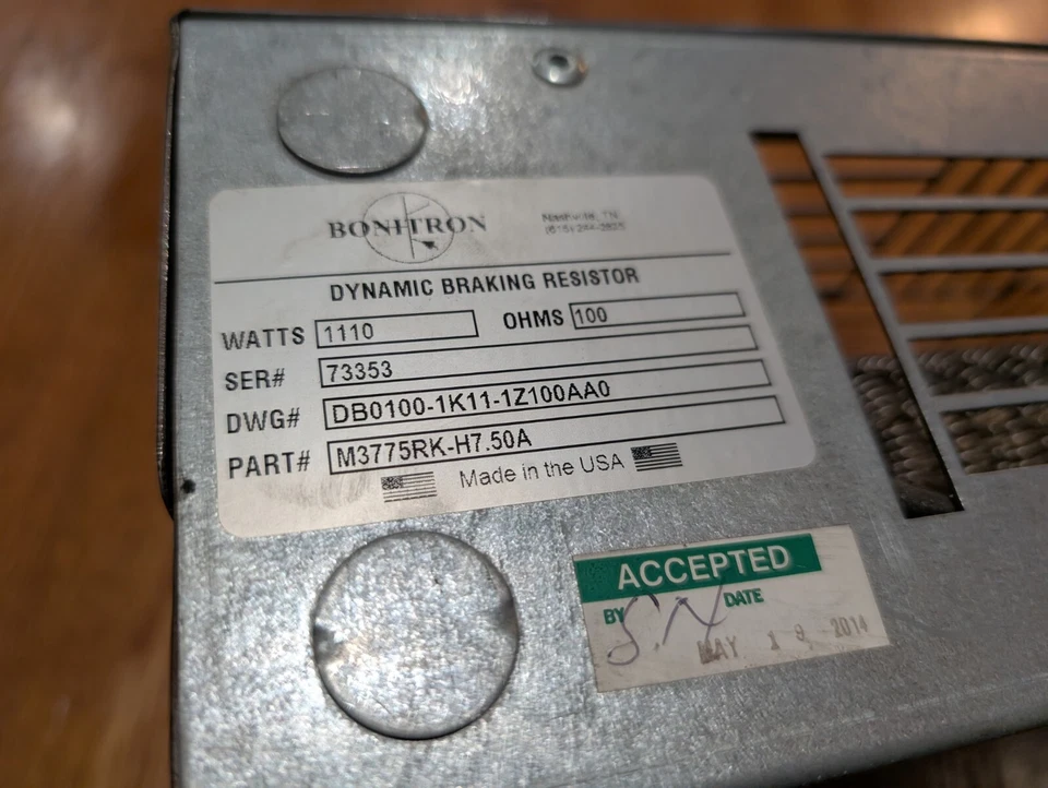 Resistencia de frenado dinámica Bonitron VFD 1110W 100 ohmios M3775RK-H7.50A 480V 7,5HP Foto 2 de 4