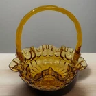 Vintage Fall Fenton Amber Thumbprint Basket W/Handle Ruffled Edge 8X8X4