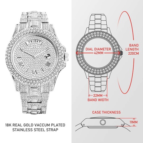 Orologio Uomo Lusso Hip Hop Ice Out Iced Bling Diamante Impermeabile Argento Moda - Foto 7 di 36