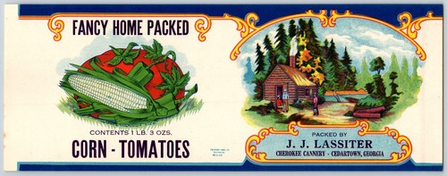 Lattina di carta pomodori mais J.J. Lassiter etichetta Cherokee Cedartown, GA c1926 scarsa - Foto 1 di 2