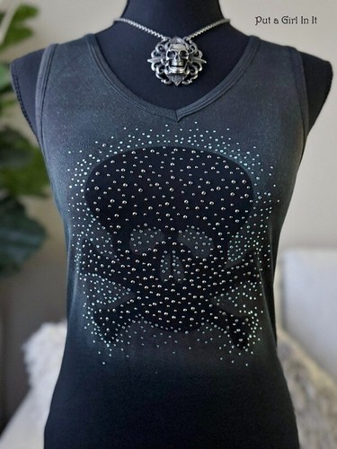 Nuevo VOCAL Mujer CRISTAL NEGRO MOTOCICLISTA CALAVERA HUESOS CRUZADOS FLECOS CAMISETA SIN MANGAS S M L XL - Imagen 2 de 3