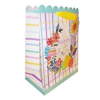 Easter Gift Bag with Tag and Shaped Top 23cm x 18cm - Happy Easter Wreath Design