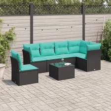 7 Piece Patio Sofa Set with Cushions Black Poly Rattan