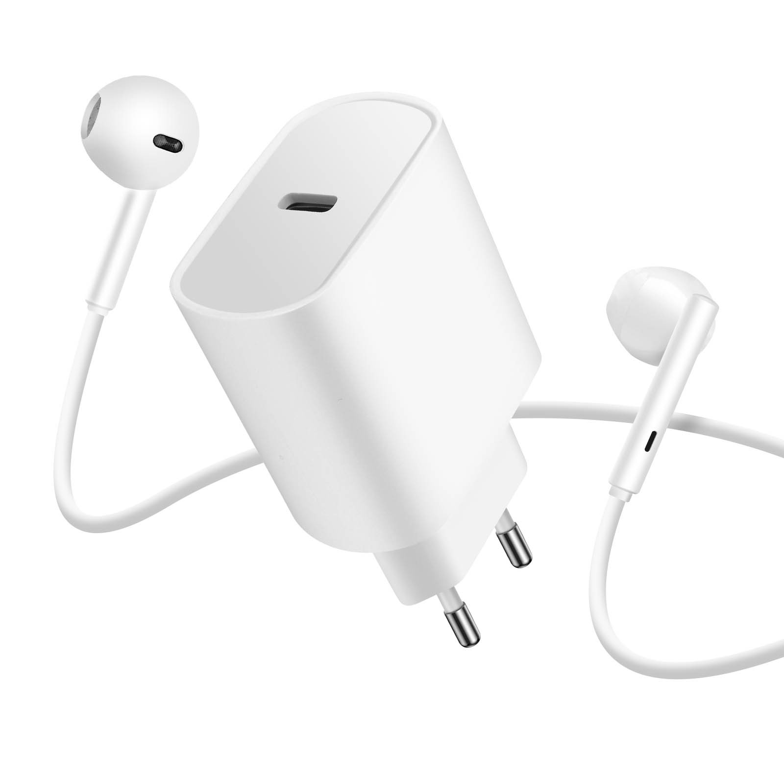 Chargeur USB-C 20W avec écouteurs filaires blancs pour smartphone