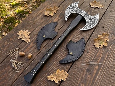 Hand Forged Carbon Steel Double Headed Viking Berserker Axe with Leather Sheath