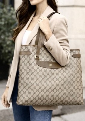 GUCCI Supreme Tote Bag Brown GG Monogram Leather Trims Authentic Vintage