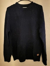 The Normal Brand Sweater Mens Medium Navy Tweed Wool Cable Knit Crew Pullover