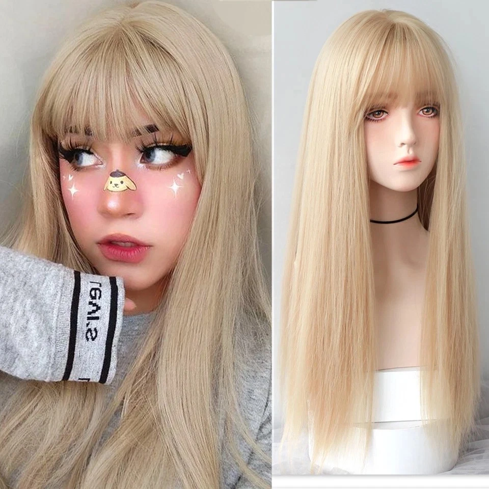 Peruca fantasia longa reta macia com franjas resistente ao calor cabelo loiro misto - Imagem 2 de 4