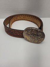 Vintage 24kt Gold Plate Chambers Phoenix Floral Belt Buckle with Leather Belt