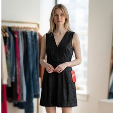 Kirna Zabete Dress Womens 10 Black Jacquard V-Neck Sleeveless Mini Party 3259