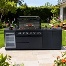 6-Burner Outdoor Kitchen Barbecue Island Grill w/ Cooler & Sink 85000BTU LPG