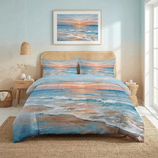 Full Comforter Set 3 Pcs, Ocean Beach Sailboat Bedding for Kids and Adults, Suns