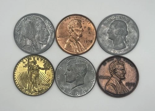 Novelty Large Vintage Coins Liberty Silver Gold Paperweights USA Lot Of 6
