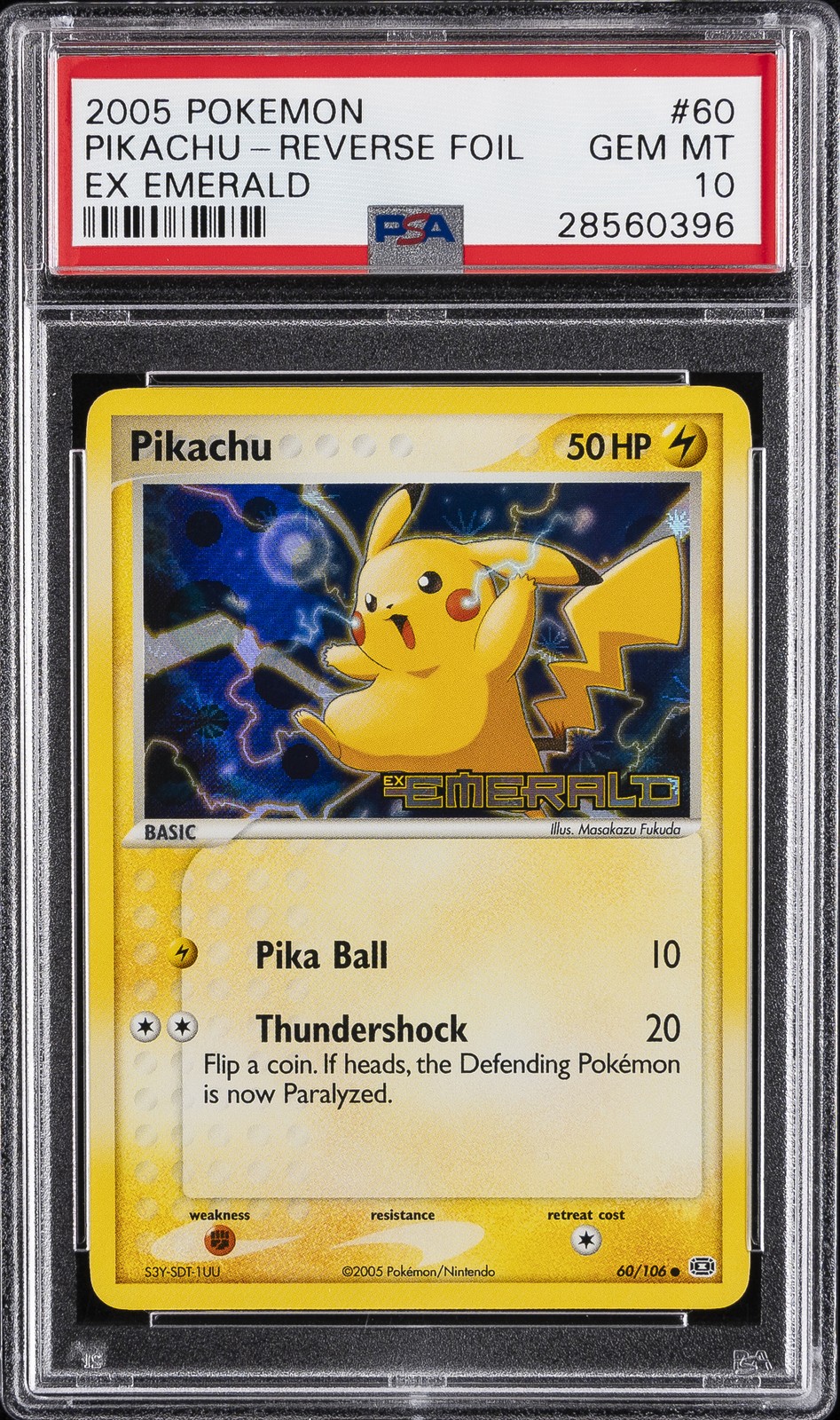 2005 POKEMON EX EMERALD #60 PIKACHU-REVERSE FOIL PSA 10