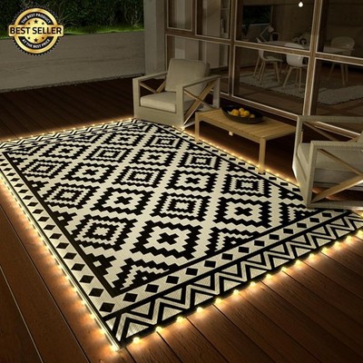 5X8 Ft Outdoor Patio Deck RV Mat Reversible Straw Rug Foldable w/LED Strip Light