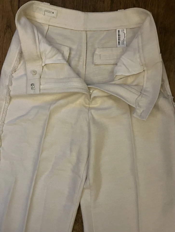 Zara Cream Cotton Wool Trousers Size 14 Wide Leg Fringe Side - Image 3 of 4