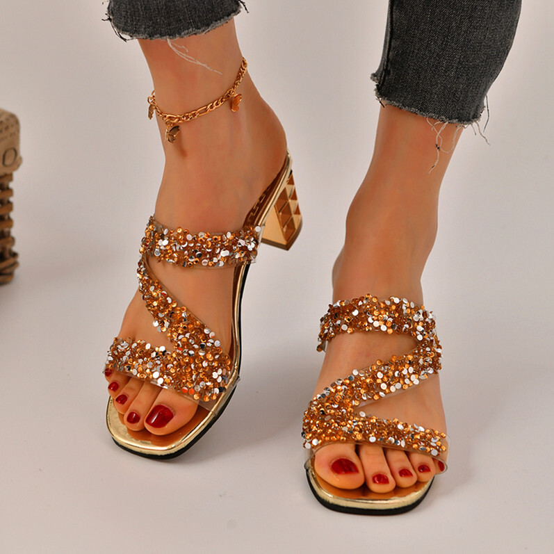 PANTOFOLA D’ORO Ciabatte donna estive punta aperta tacco a blocco moda paillettes sandali scarpe slip on