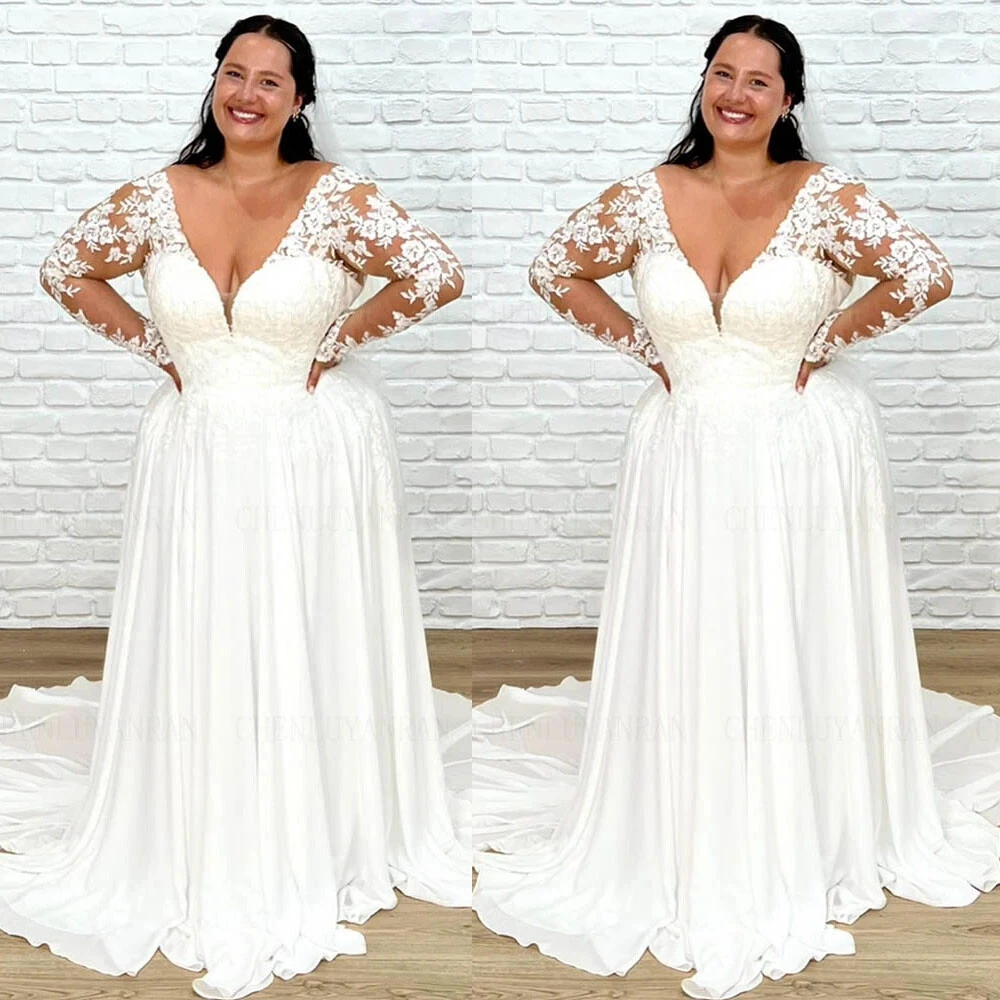 Boho Plus Size Wedding Dresses With Long Sleeves V Neck Lace Chiffon Bridal  Gown