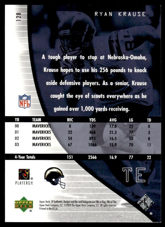 2004 SP Authentic Ryan Krause Rookie 0899/1199 San Diego Chargers #128 R43 - Image 2 of 2