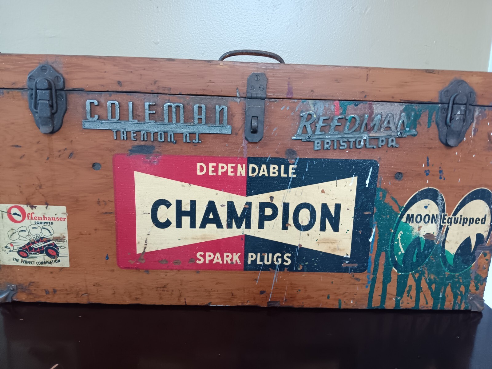 1960s Vintage Wood Tool Box Car Parts Stickers Champion Offenhauser
