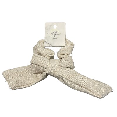 Hive & Co. Scrunchie with Bow And Pearls Hair Tie Ponytail Holder IVORY