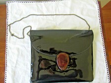 60'S VTG BLACK PATENT HANDBAG Purse Tortoise Shell Clasp Bakelite Metal Chain