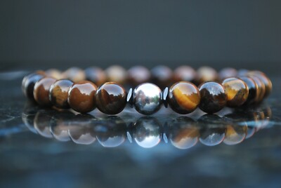 Herren Armband 8mm Tigerauge Larvikit Onyx mit 925 Silber Armband Perlenarmband