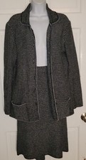 TALBOTS black Tweed Green Trim Knit 2 Pc A-line Skirt blazer Jacket set M L