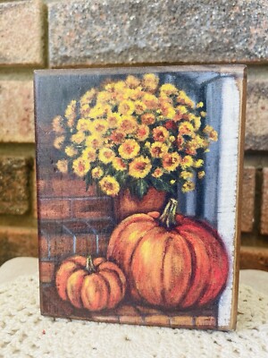 Porch Steps And Pumpkins Wood Block Sign 