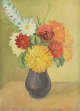 Vintage still life with flowers oil painting signed