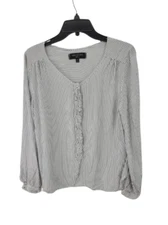 Max Studio London Top Womens Medium White Stripe Button Up Ruffle Trim Boho
