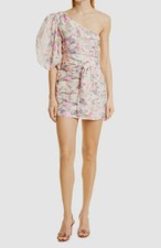 $495 Loveshackfancy Women Pink Ruched One-Shoulder Puff Sleeve Minidress Size 6