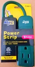 compact Power Strip Green small w/ 3 outlets 1 foot cord 13A 125V 1625W KMC 1301