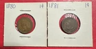 1880 & 1881 US Indian Head Cent! Set of 2! Both Good! Old US Coin!