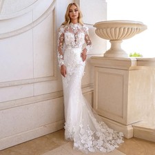 Boho Mermaid Wedding Dresses Jewel Neck Long Sleeves Lace Appliques Bridal Gowns