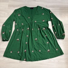 ASOS DESIGN Women Dress Green Floral Embroidered V-Neck Empire Waist Mini US 8
