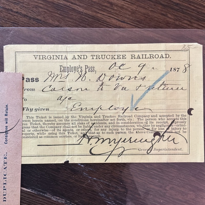 1878 Virginia & Truckee Railroad LOT: Employee Pass & 1897 Waybill - Yerington
