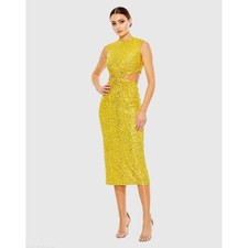 Ieena for Mac Duggal Yellow Sequin Front Twist Cut Out Sheath Dress Sz 2 $398