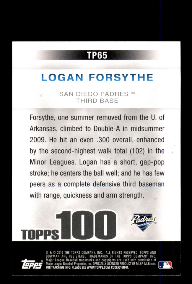 Signed Baseball Card Auto Logan Forsythe 2010 Bowman #TP65 San Diego Padres - Image 2 of 2